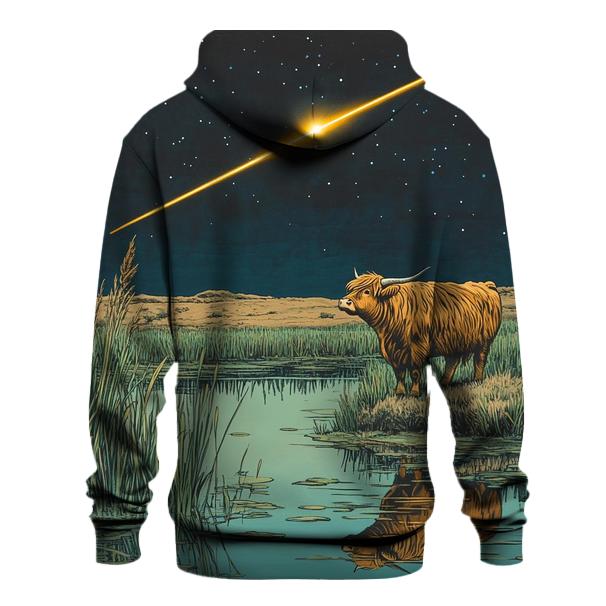 Meteor Path Across The Highland Cow Marsh heavyweight hoodies