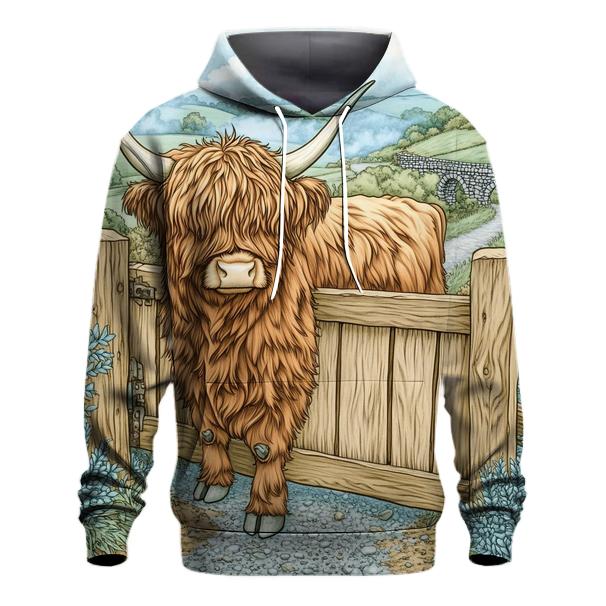 Morning Mist With A Highland Cow At The Gate hoodie trends