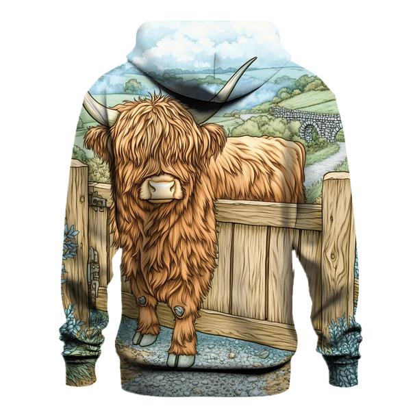Morning Mist With A Highland Cow At The Gate hoodie trends