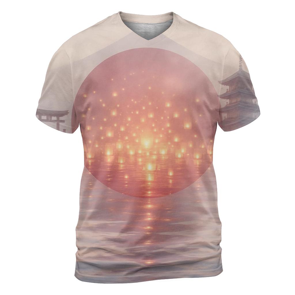 Rising Sun Over Water Lanterns Japan artistic all-over print tops
