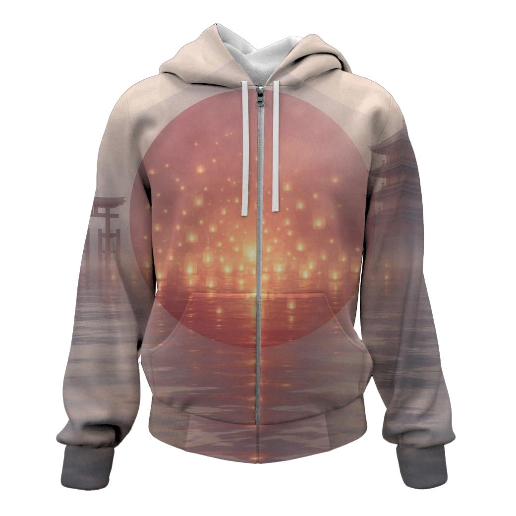Rising Sun Over Water Lanterns Japan graphic hoodies