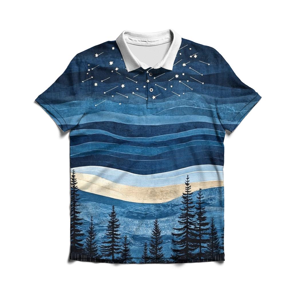 Hokusai Inspired Meteor Shower Over Coastal Pines personalized polo shirts