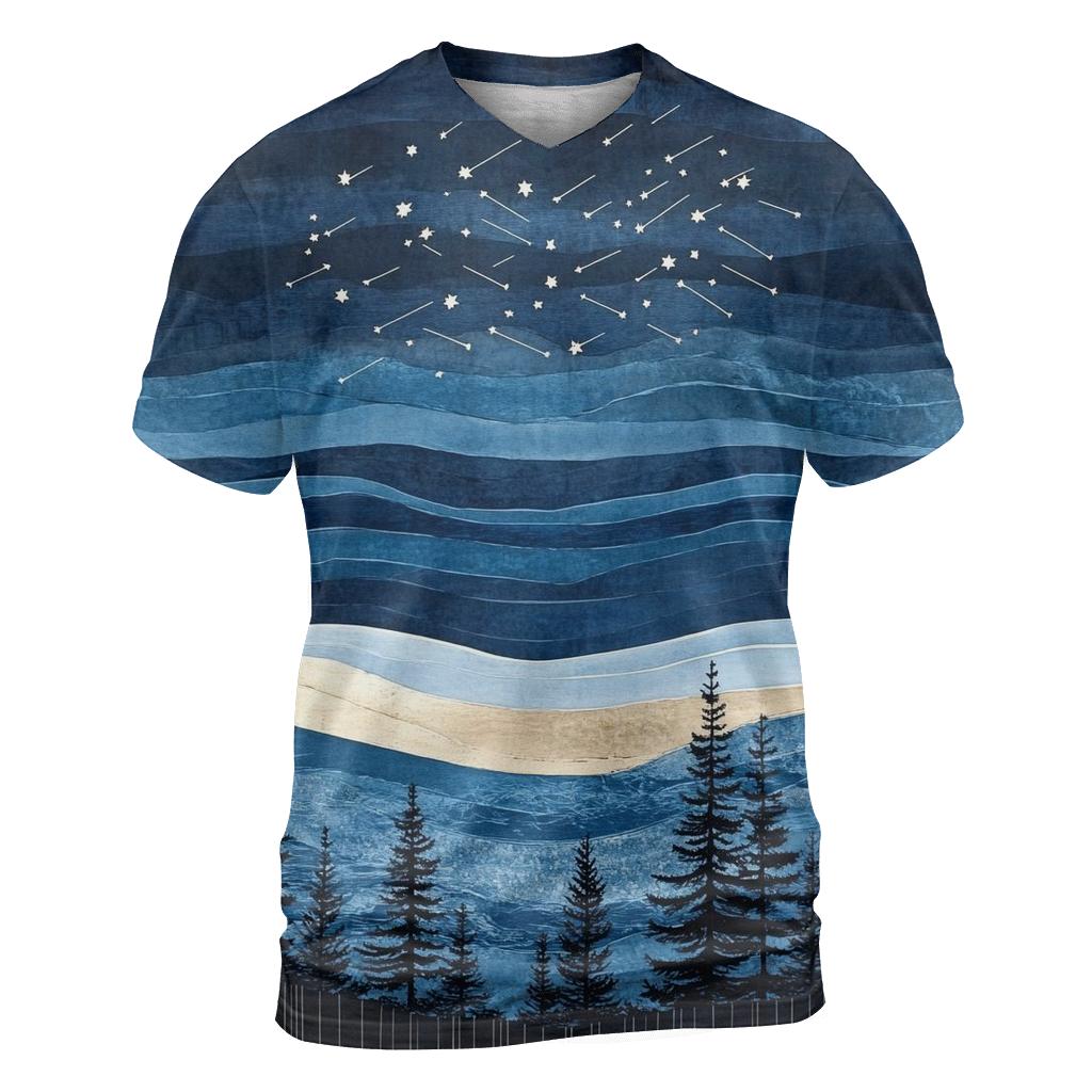 Hokusai Inspired Meteor Shower Over Coastal Pines unique graphic print tees