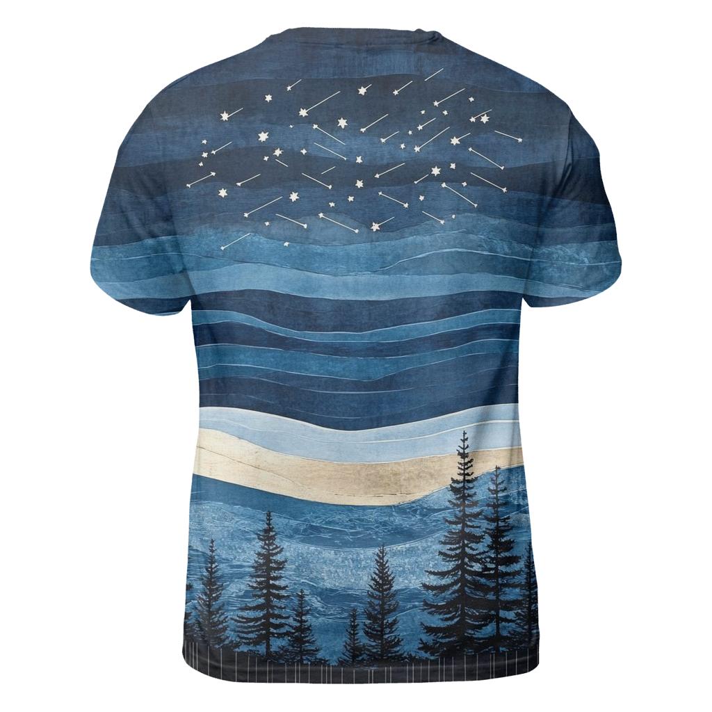 Hokusai Inspired Meteor Shower Over Coastal Pines unique graphic print tees