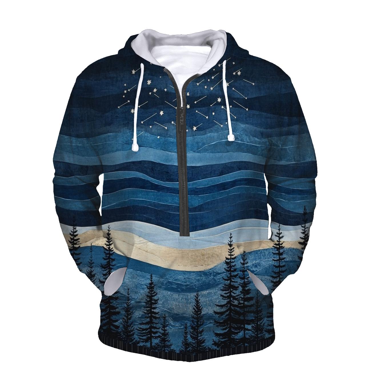 Hokusai Inspired Meteor Shower Over Coastal Pines embroidered hoodies