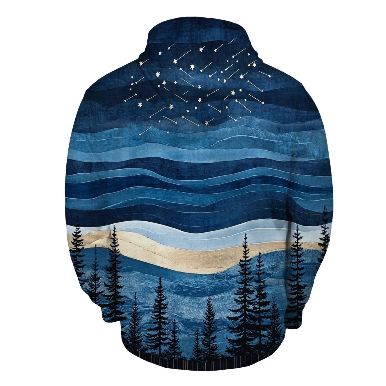 Hokusai Inspired Meteor Shower Over Coastal Pines embroidered hoodies