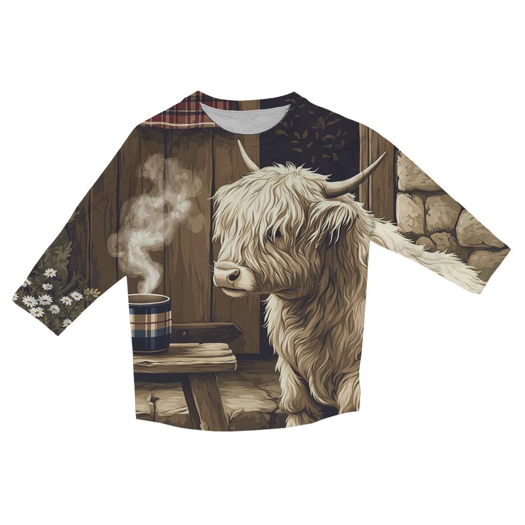 Highland Cow Tea Break By The Croft Door printed three quarter sleeve shirts