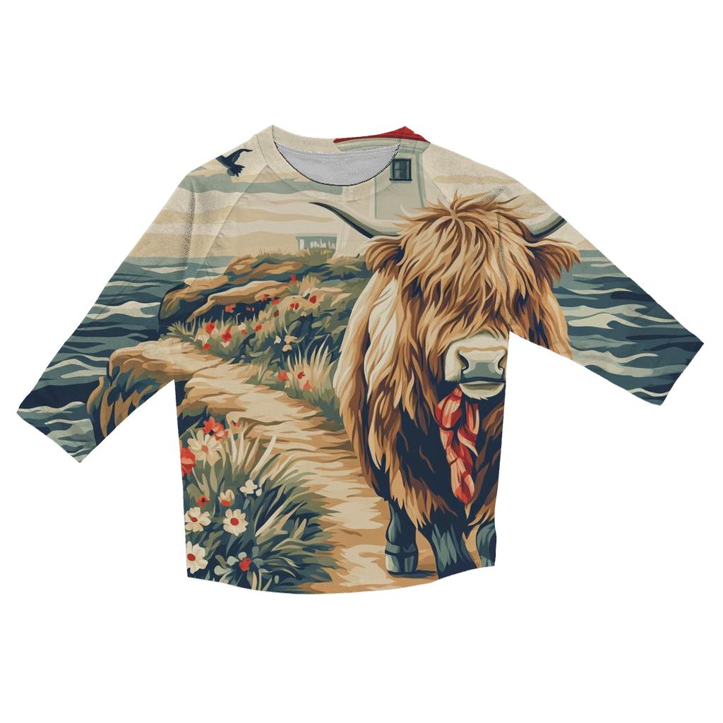 Highland Cow And The Lighthouse Cliff Path designer 3/4 sleeve blouses