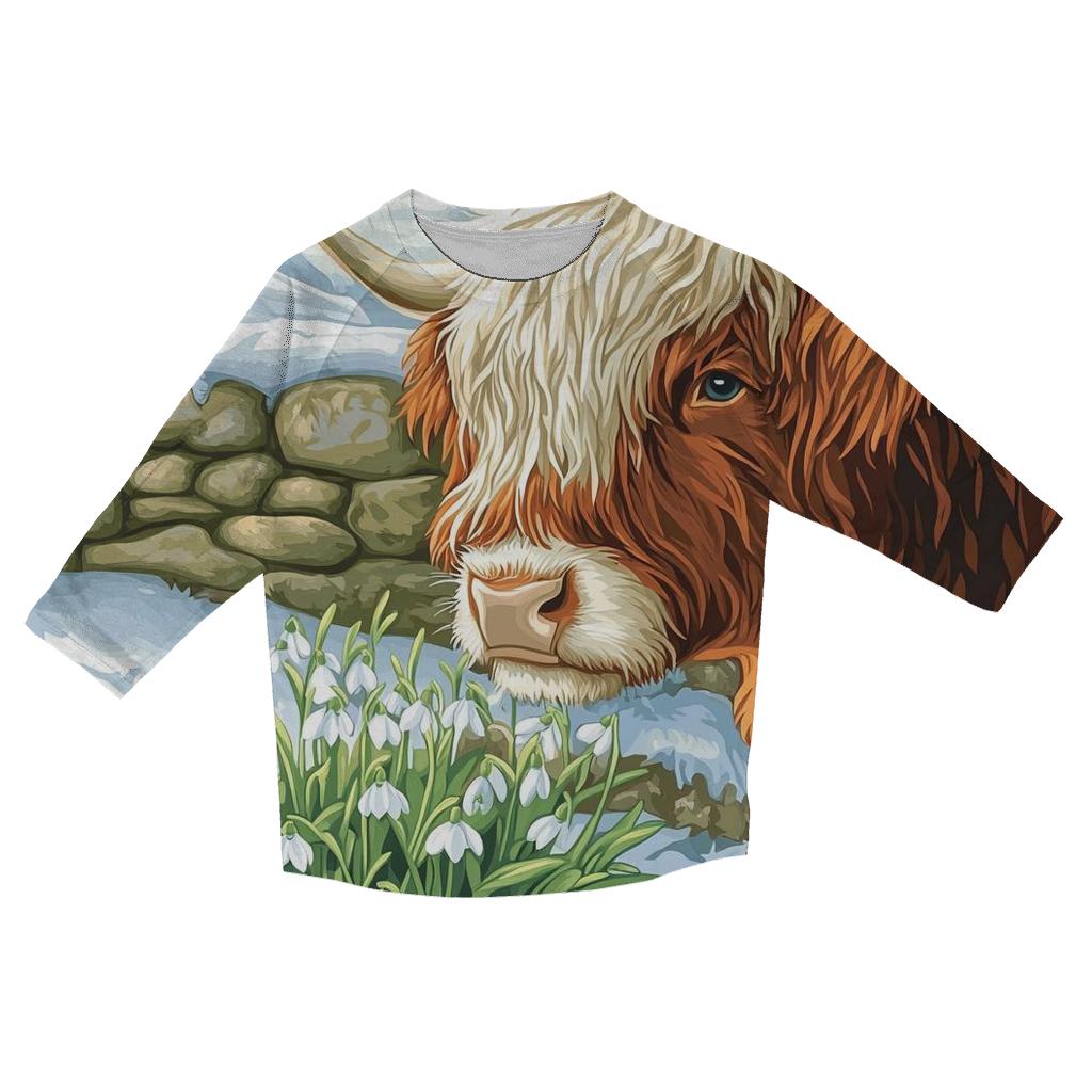 Highland Cow Snowdrop First Spring printed three quarter sleeve shirts