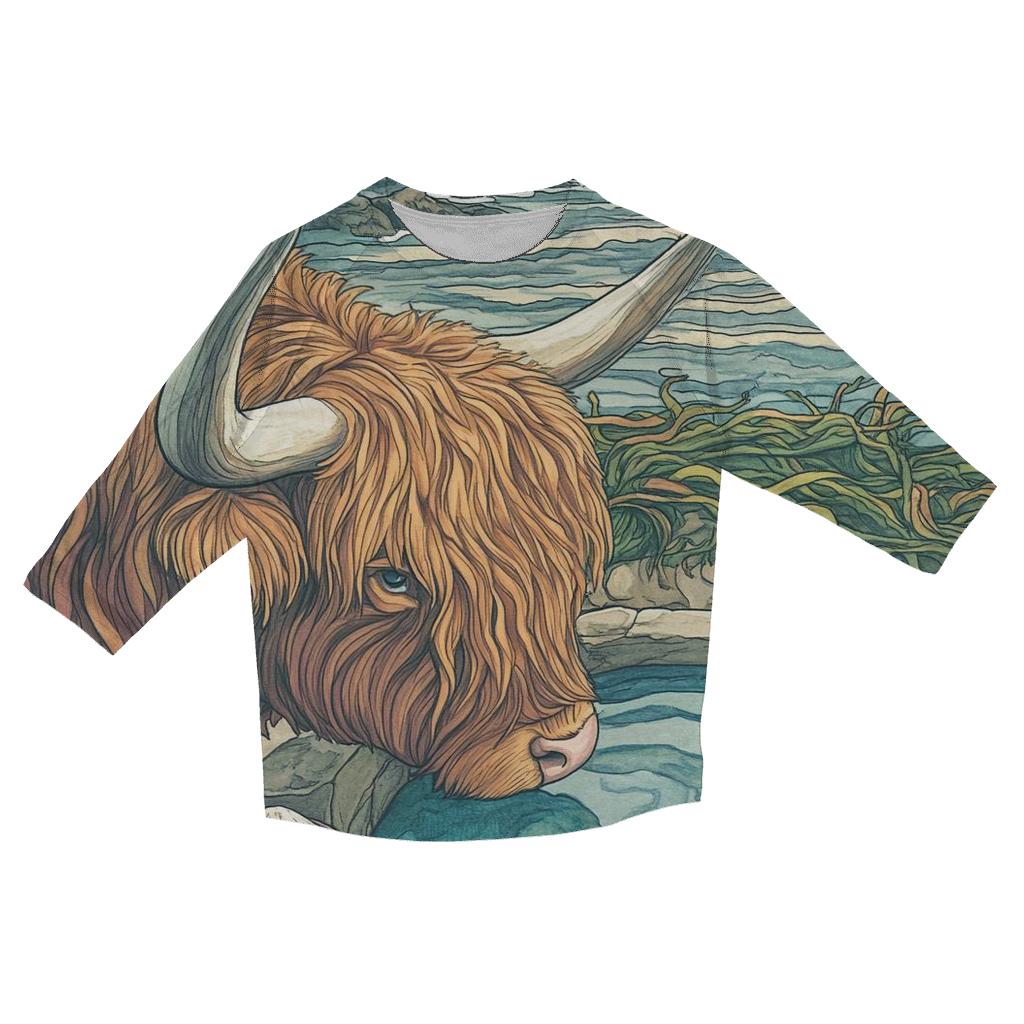 Highland Cow Seaside Rock Pool Watcher casual three quarter sleeve shirts