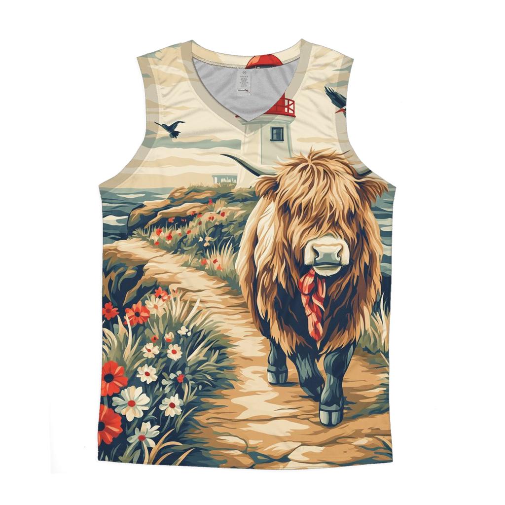 Highland Cow And The Lighthouse Cliff Path casual summer tank tops