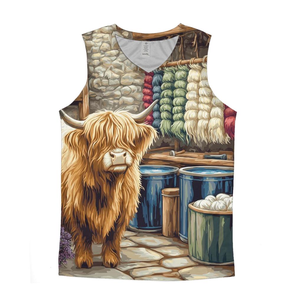 Highland Cow In The Wool Dye Workshop graphic print tank tops
