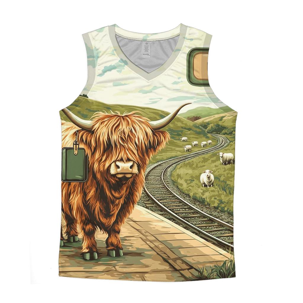 Highland Cow At The Railway Halt trendy fitted tank tops