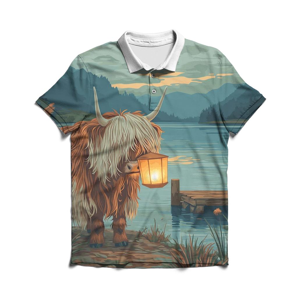 Highland Cow Lantern Keeper At The Loch casual sports polo shirts