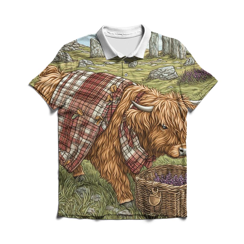 Stone Circle Picnic With Highland Cow branded logo polo shirts