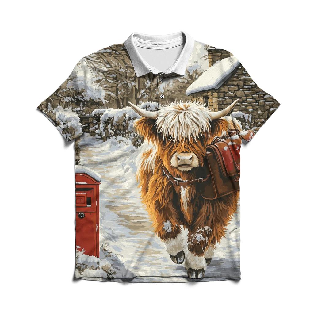 Highland Cow In The Winter Mail Run stylish collar polo tees