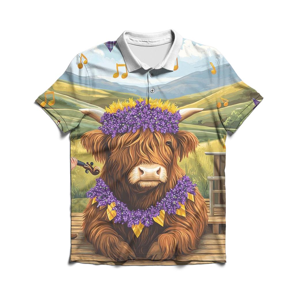 Heather Crowned Highland Cow Garden Concert custom polo shirts