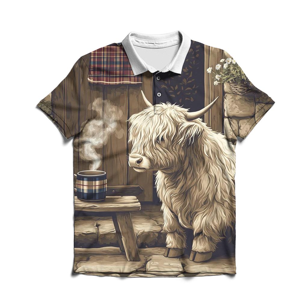 Highland Cow Tea Break By The Croft Door custom polo shirts