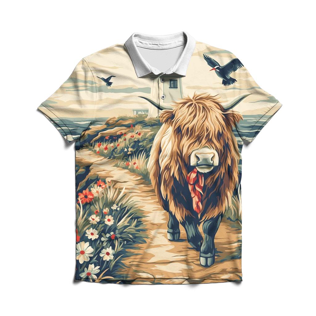 Highland Cow And The Lighthouse Cliff Path stylish collar polo tees
