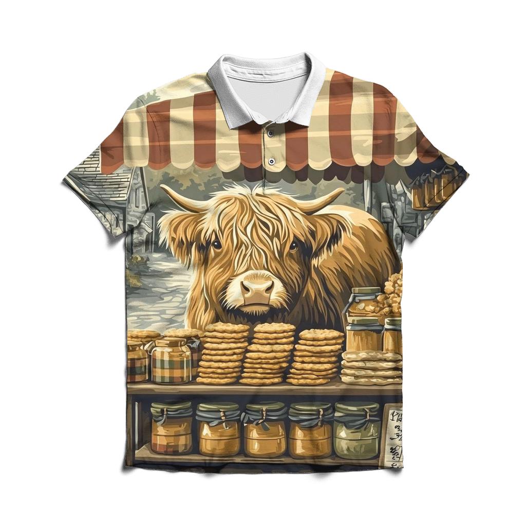 Tartan Market Stall Featuring Highland Cow designer slim fit polos