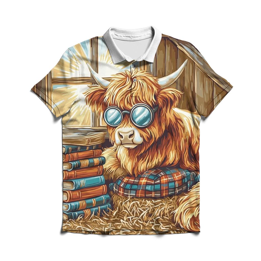 Highland Cow Library Nook In The Barn embroidered polo tops