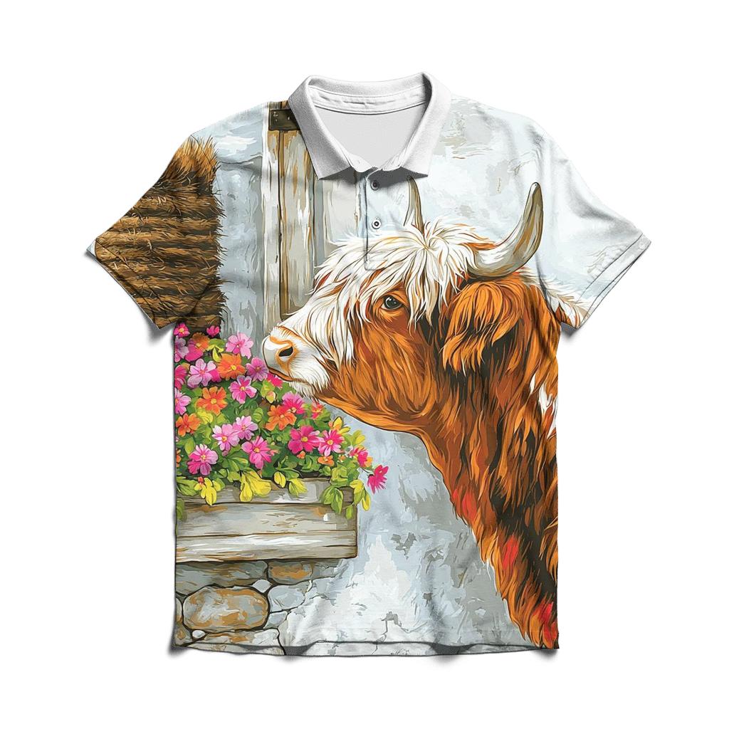 Crofthouse Window Box With Highland Cow premium cotton polo shirts