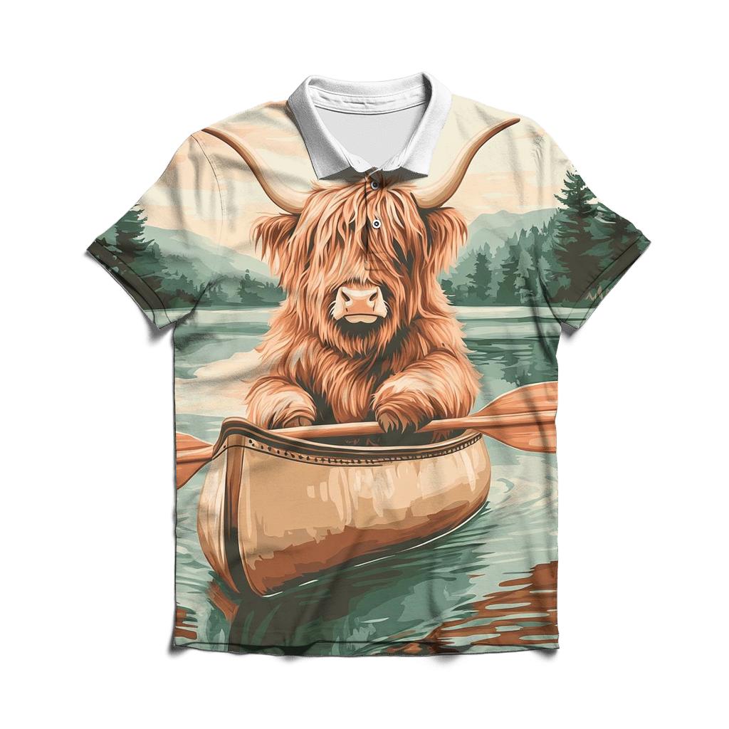 Highland Cow Canoe Guide On A Calm Loch branded logo polo shirts
