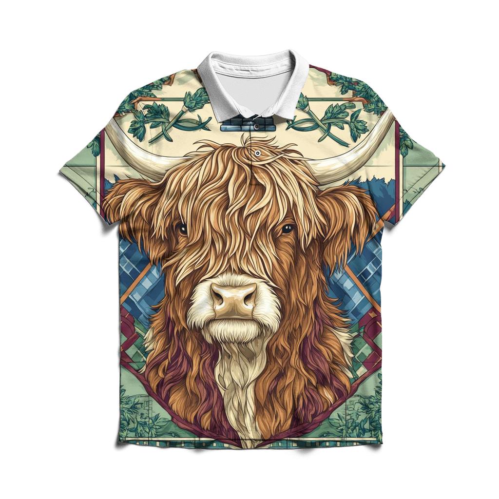 Highland Cow Portrait In Clan Banner Style custom polo shirts