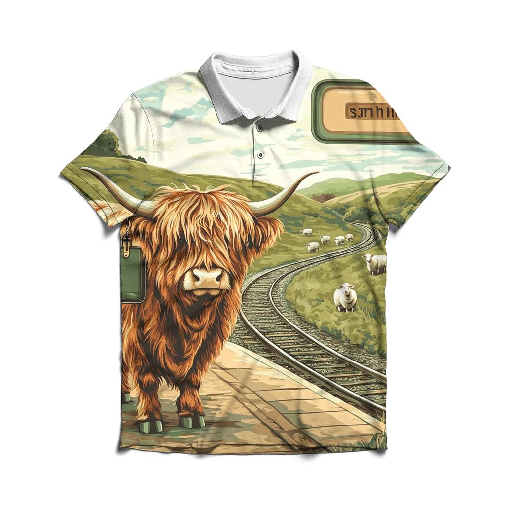 Highland Cow At The Railway Halt premium cotton polo shirts