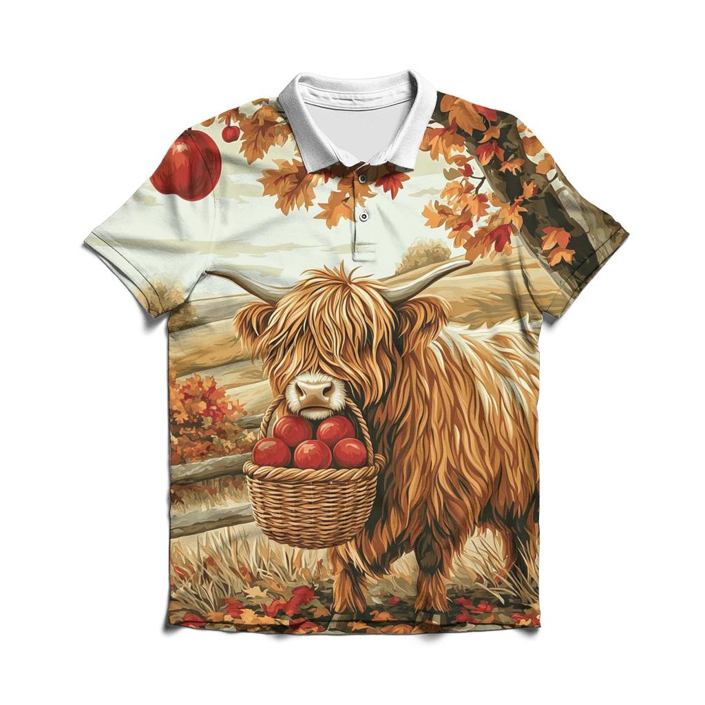 Highland Cow Orchard Keeper In Autumn designer slim fit polos