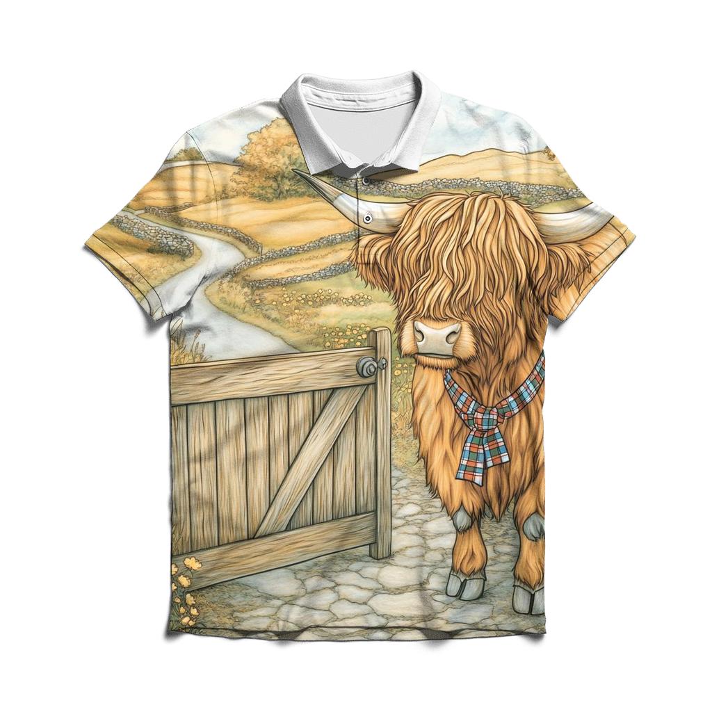 Highland Cow Meadow Gatekeeper embroidered polo tops
