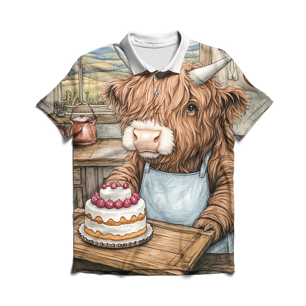 Highland Cow Birthday Cake Baker custom polo shirts