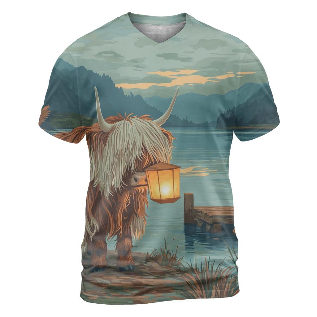 Highland Cow Lantern Keeper At The Loch vibrant all-over design tees