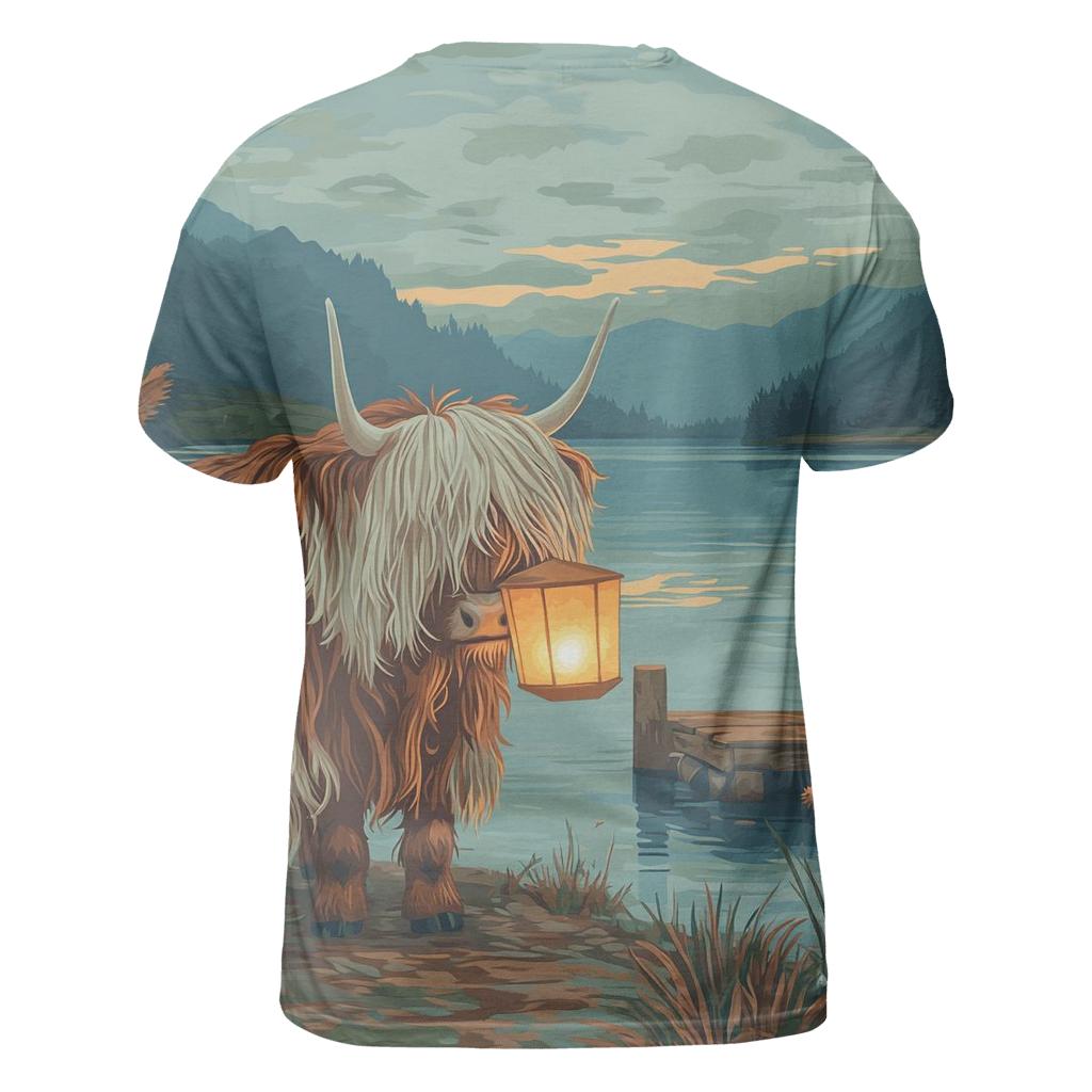 Highland Cow Lantern Keeper At The Loch vibrant all-over design tees