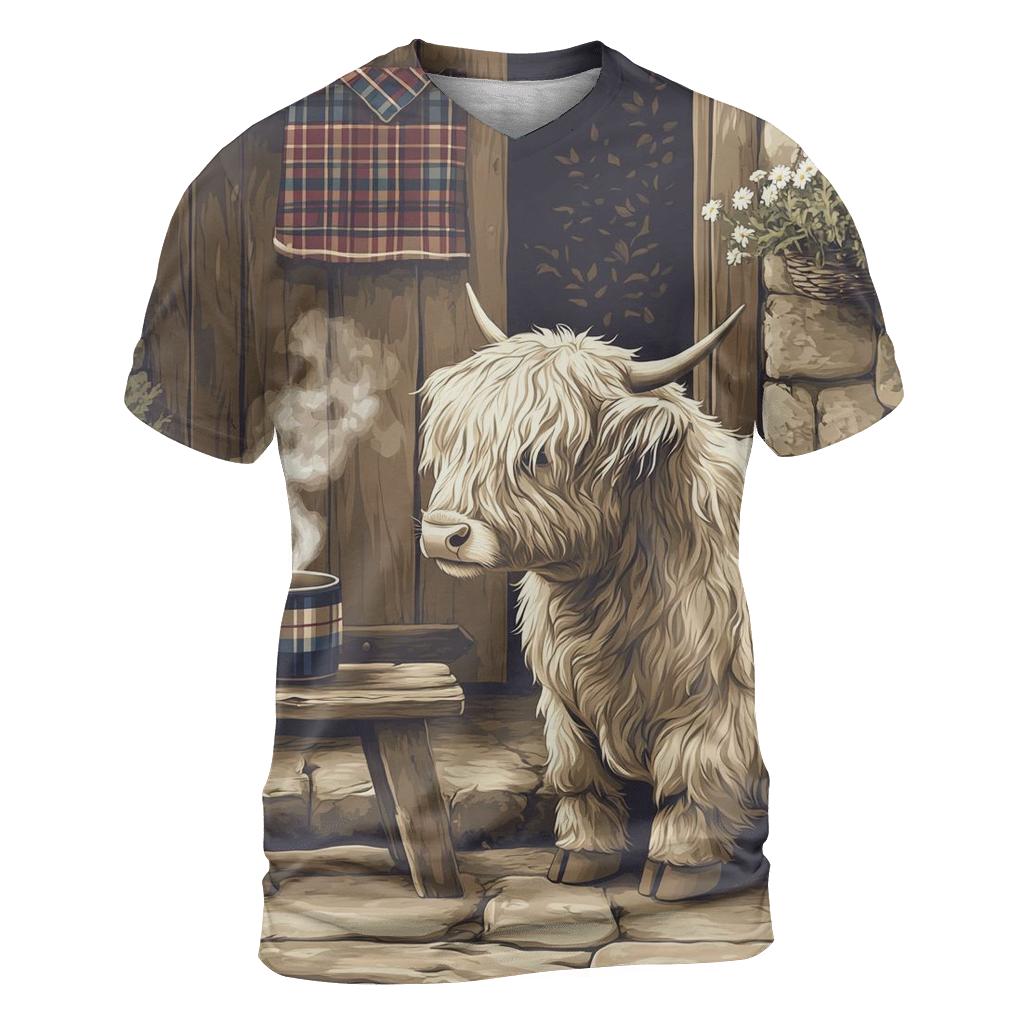 Highland Cow Tea Break By The Croft Door trendy printed shirt styles