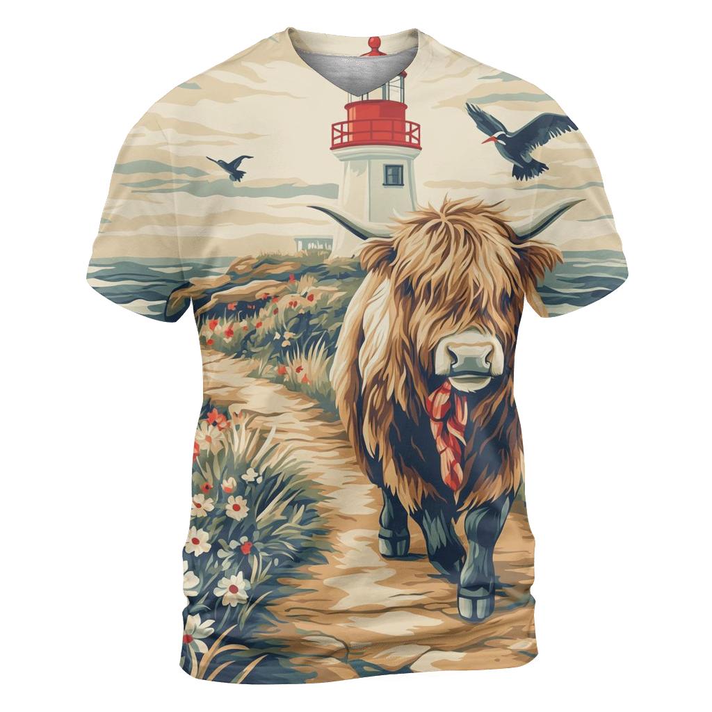 Highland Cow And The Lighthouse Cliff Path personalized full print shirts