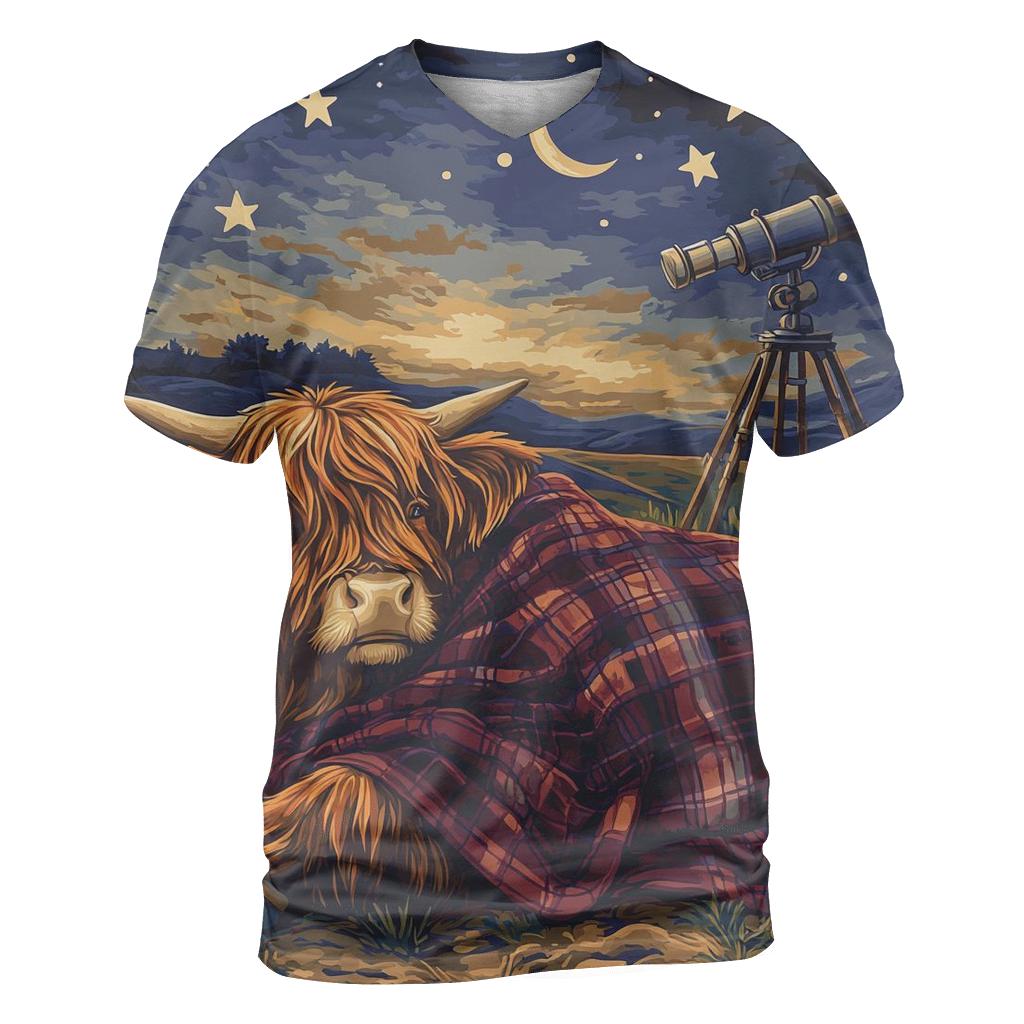 Highland Cow Stargazing Blanket On The Hill unique graphic print tees