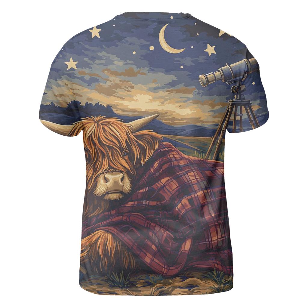 Highland Cow Stargazing Blanket On The Hill unique graphic print tees