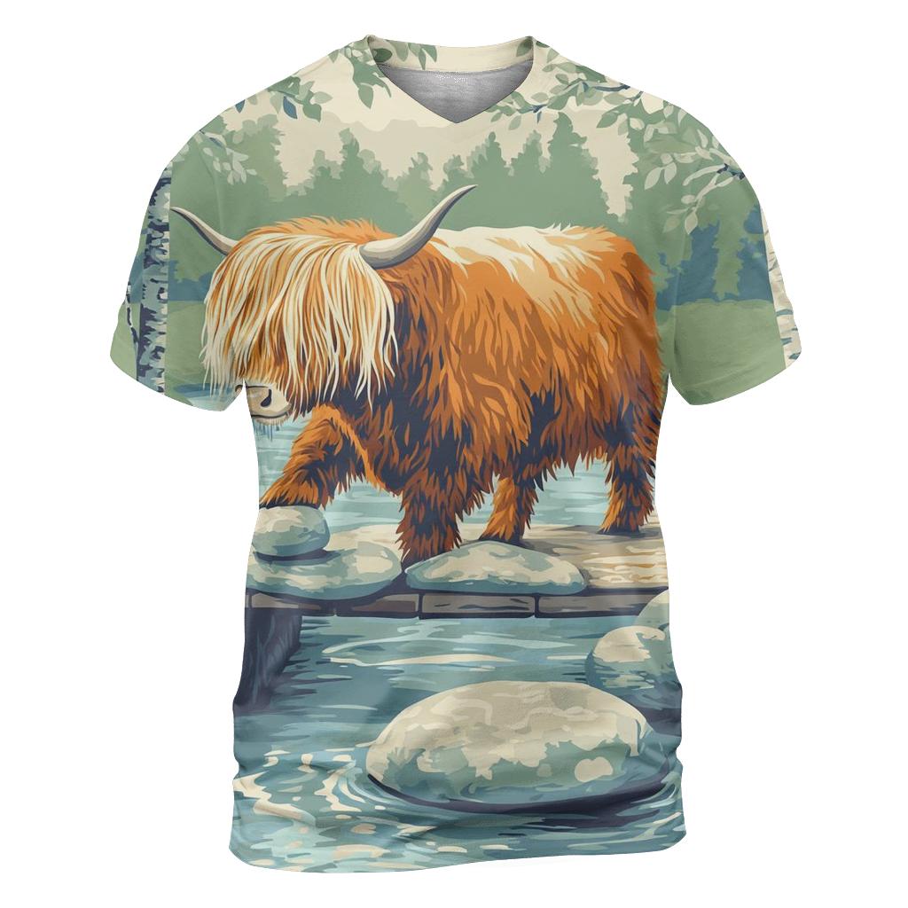 River Stepping Stones Highland Cow Explorer custom all-over print shirts