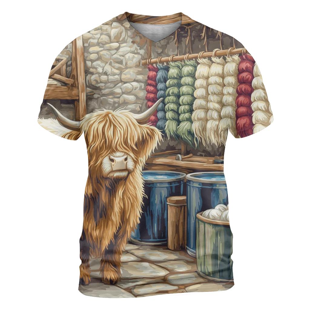 Highland Cow In The Wool Dye Workshop artistic all-over print tops