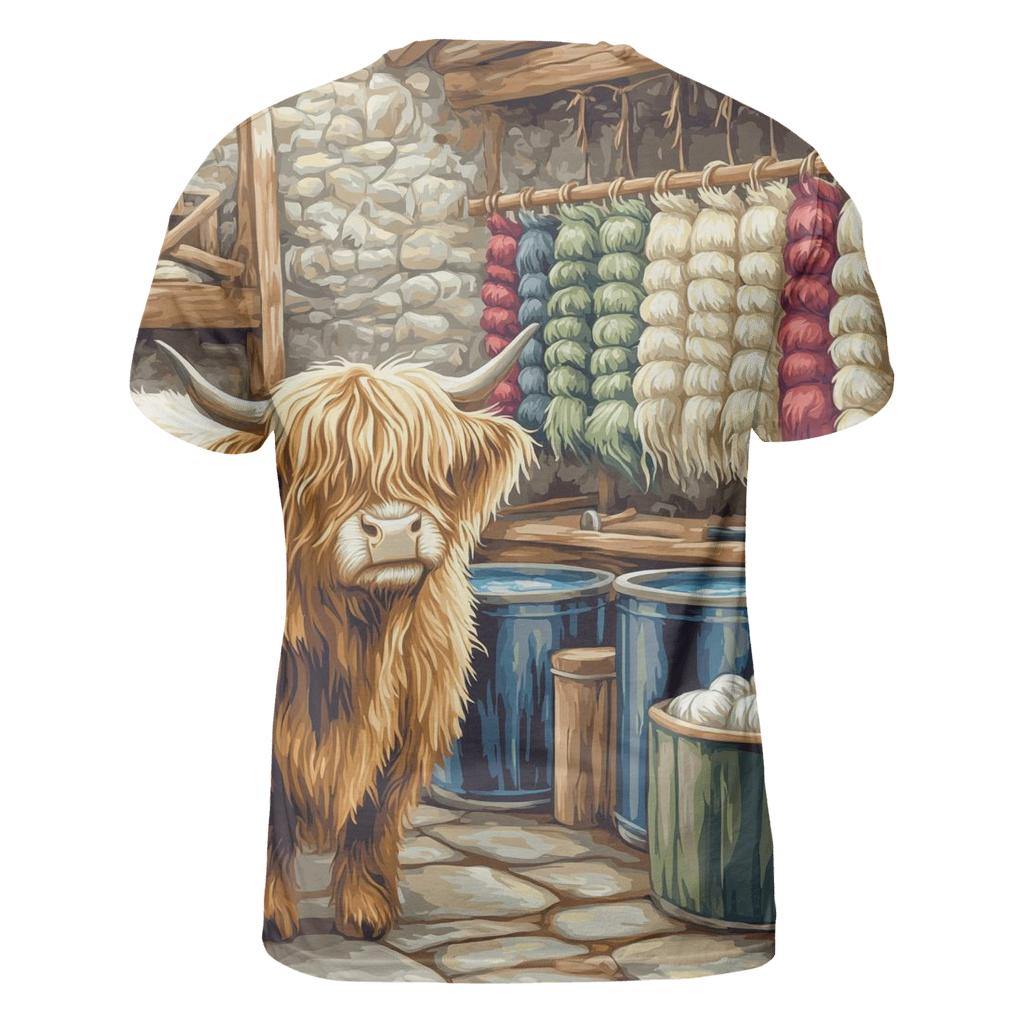 Highland Cow In The Wool Dye Workshop artistic all-over print tops