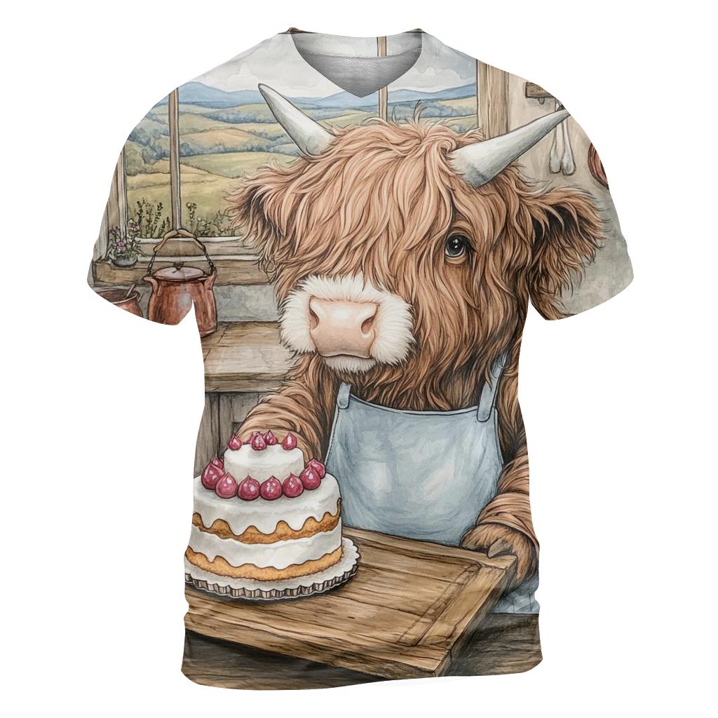 Highland Cow Birthday Cake Baker vibrant all-over design tees