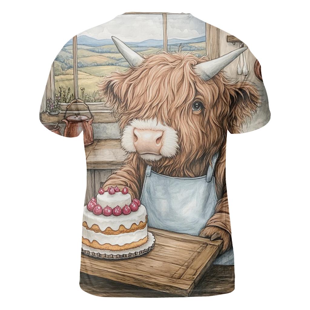 Highland Cow Birthday Cake Baker vibrant all-over design tees