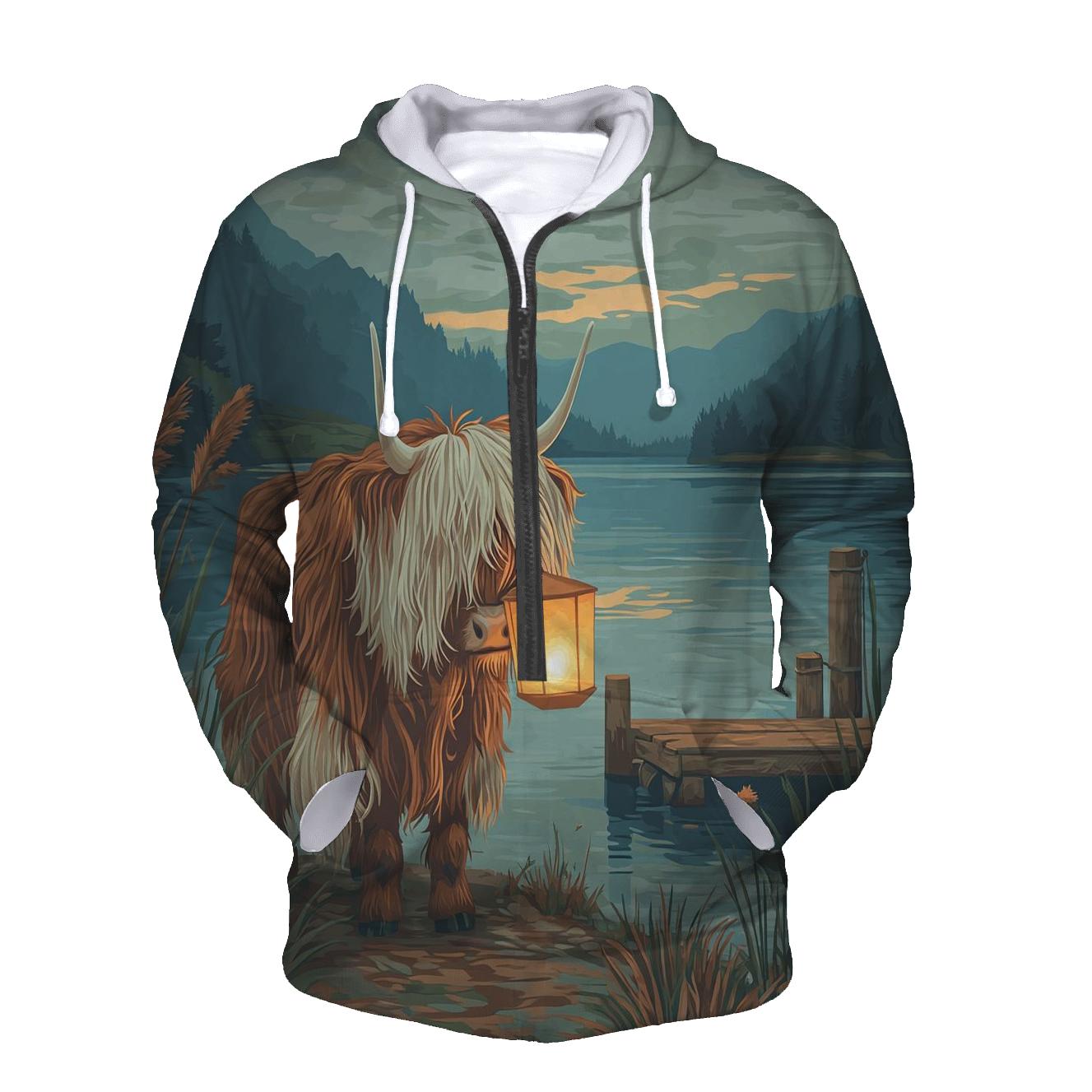 Highland Cow Lantern Keeper At The Loch hoodies fashion