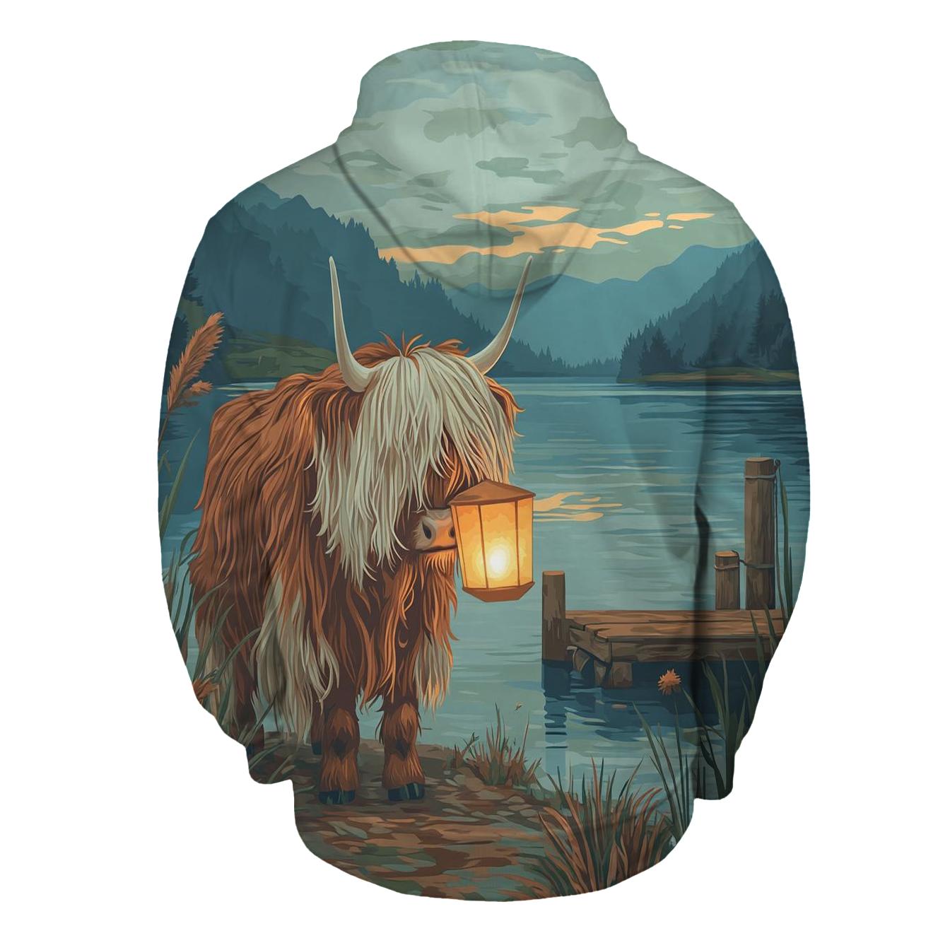 Highland Cow Lantern Keeper At The Loch hoodies fashion