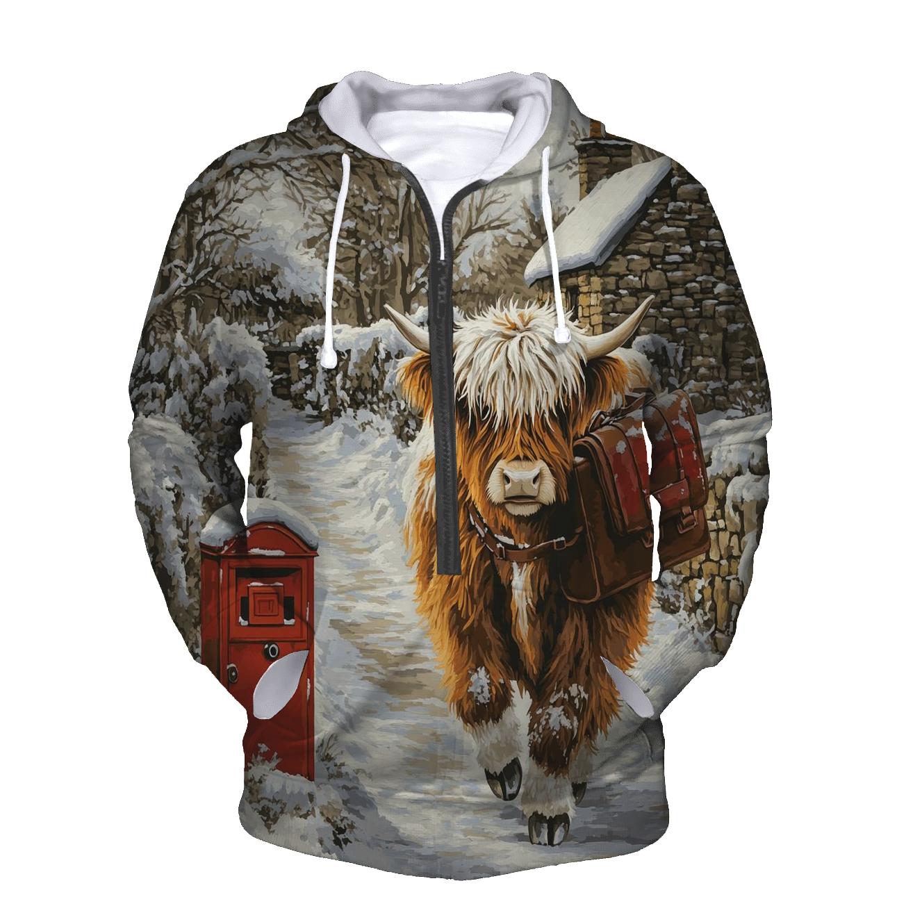 Highland Cow In The Winter Mail Run pullover hoodies