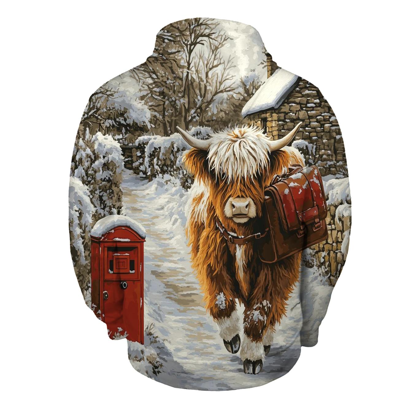 Highland Cow In The Winter Mail Run pullover hoodies