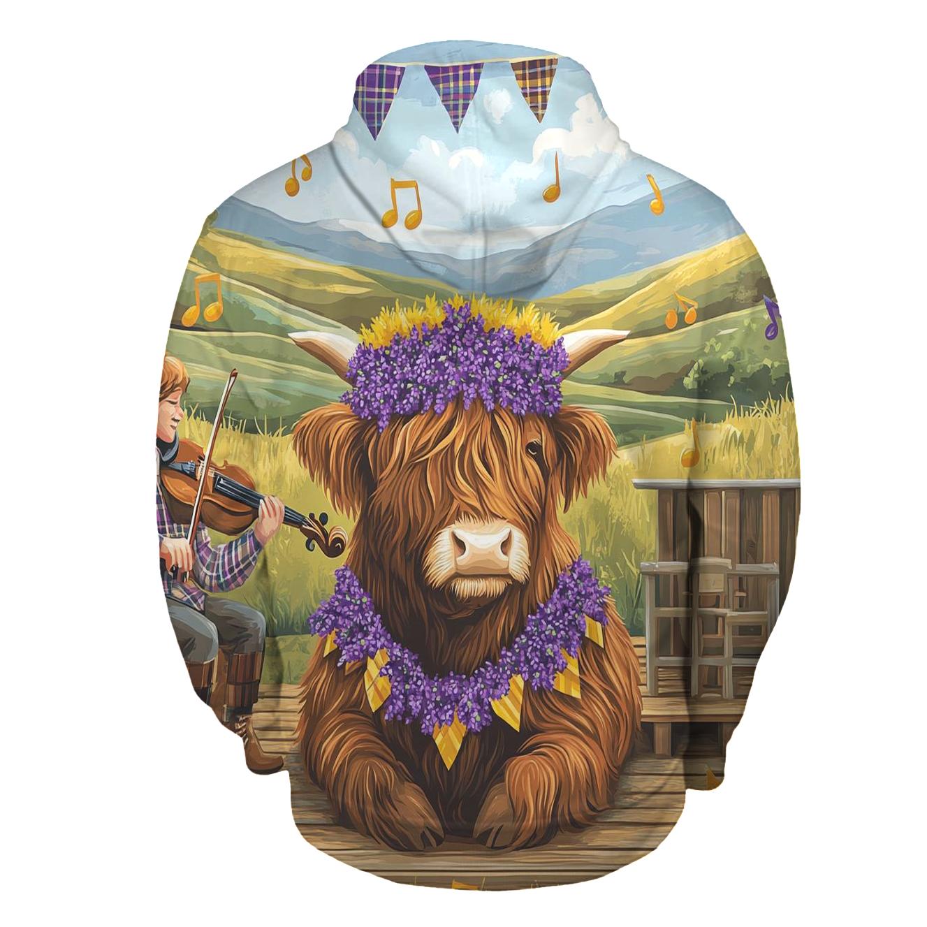 Heather Crowned Highland Cow Garden Concert graphic hoodies