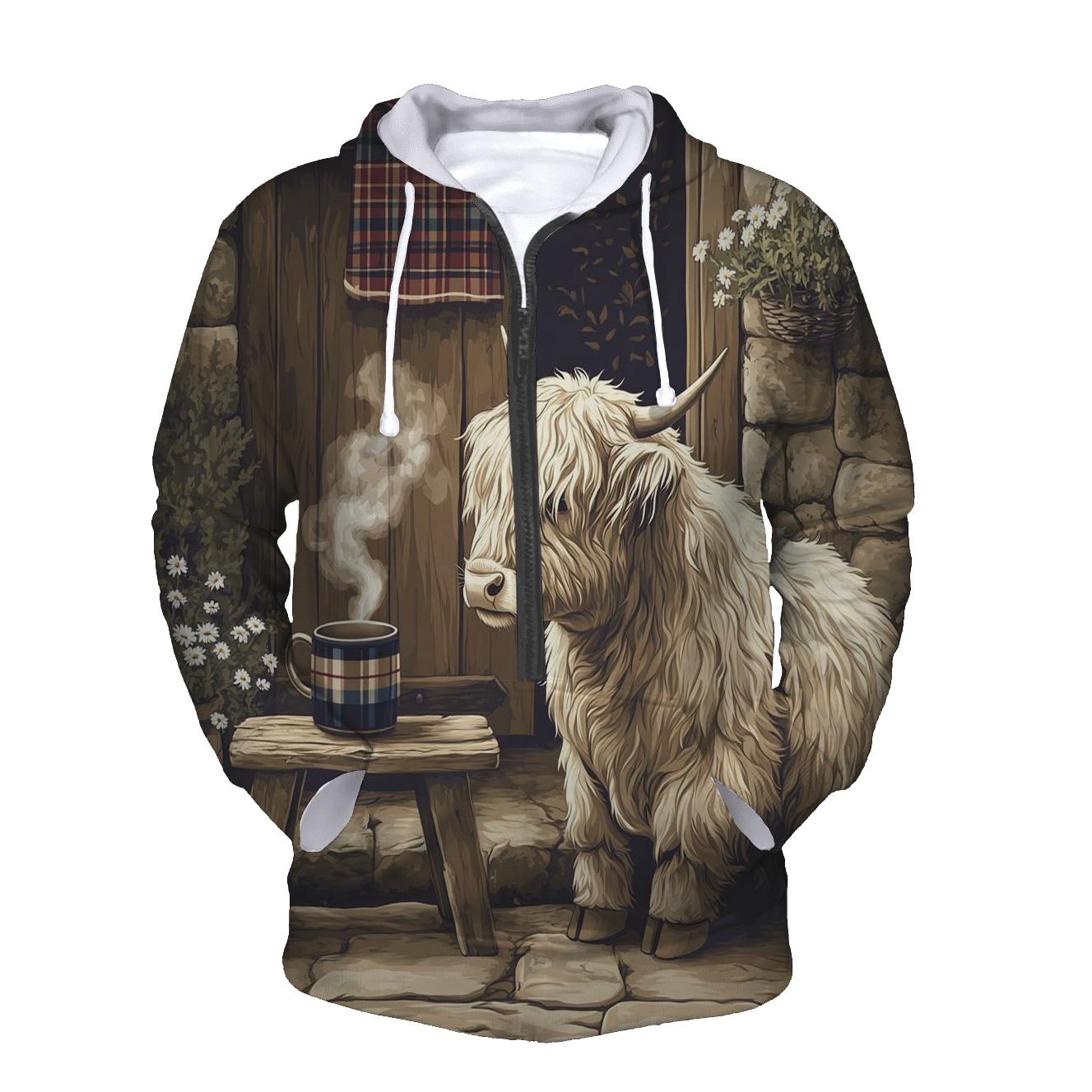 Highland Cow Tea Break By The Croft Door hoodie designs