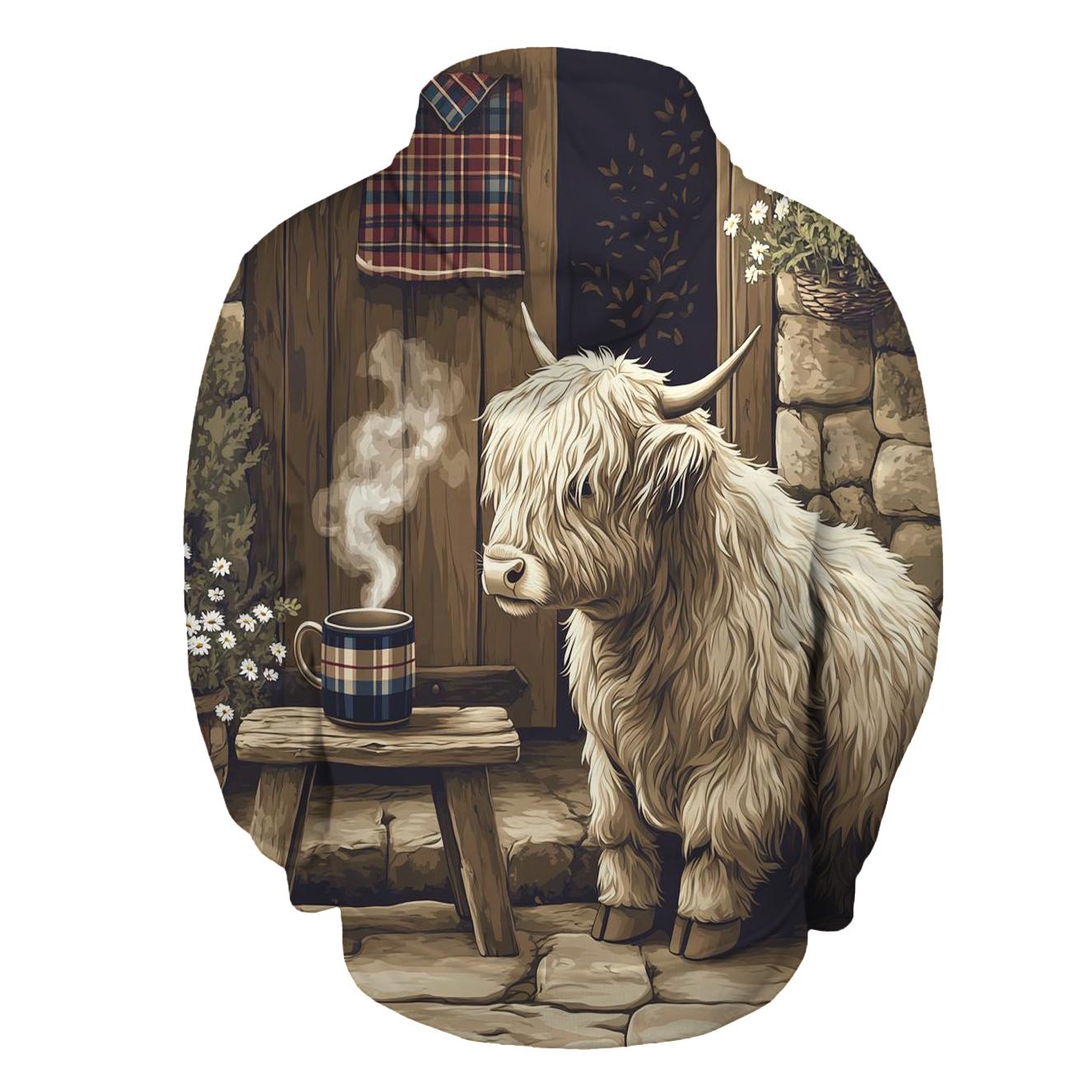 Highland Cow Tea Break By The Croft Door hoodie designs
